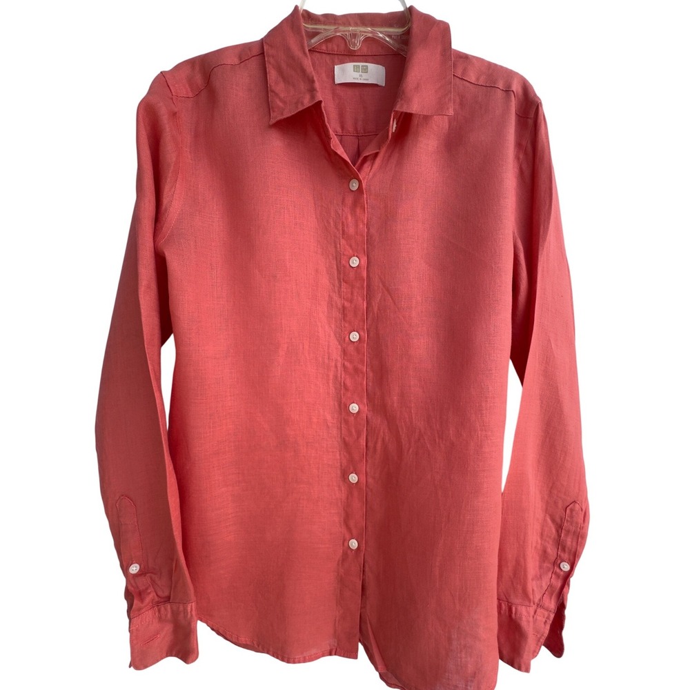 Uniqlo Linen Shirt Pink Button Up Long Sleeve Coastal Minimalist XS